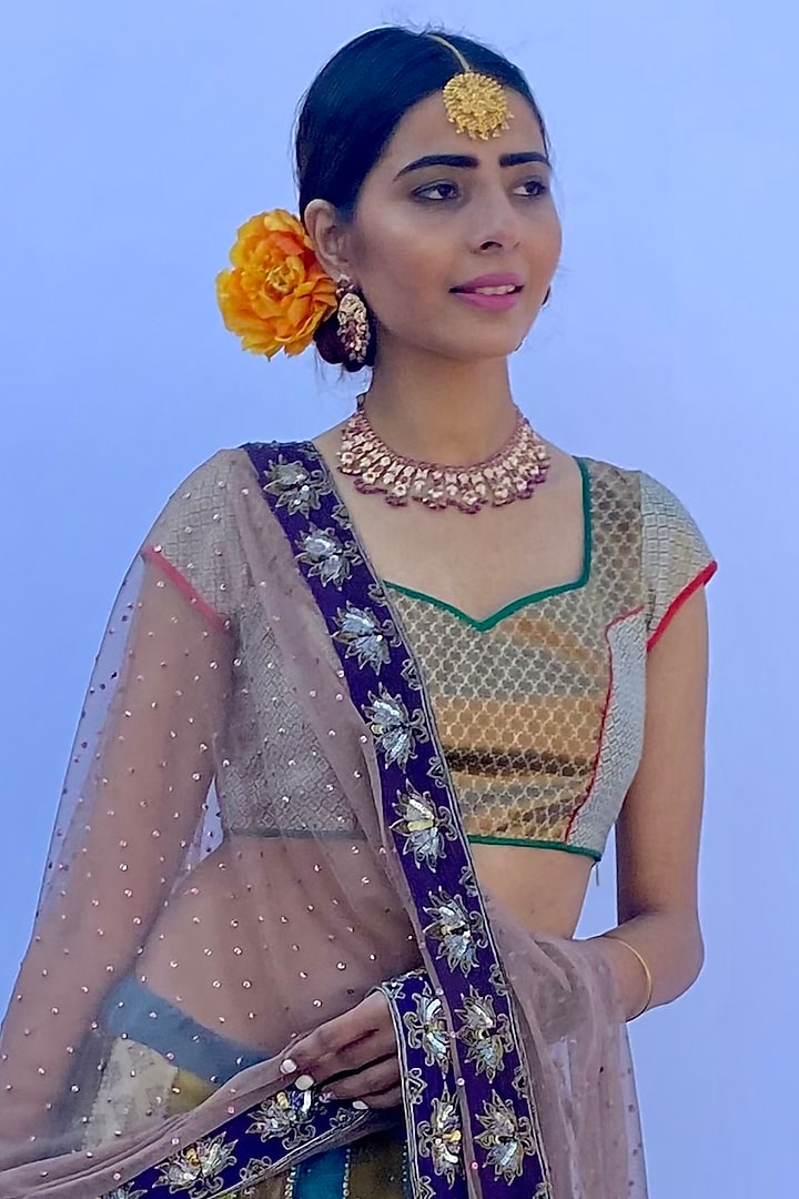 Multi-Colored Silk Georgette Hand Embroidered & Block Printed Lehenga Set by Nida Mahmood at Pernia's Pop Up Shop