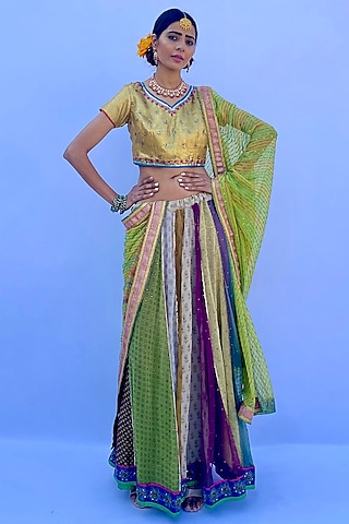Multi-Colored Silk Georgette Hand Embroidered & Block Printed Lehenga Set by Nida Mahmood