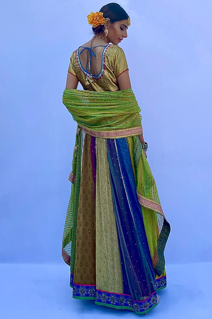 Multi-Colored Silk Georgette Hand Embroidered & Block Printed Lehenga Set by Nida Mahmood at Pernia's Pop Up Shop