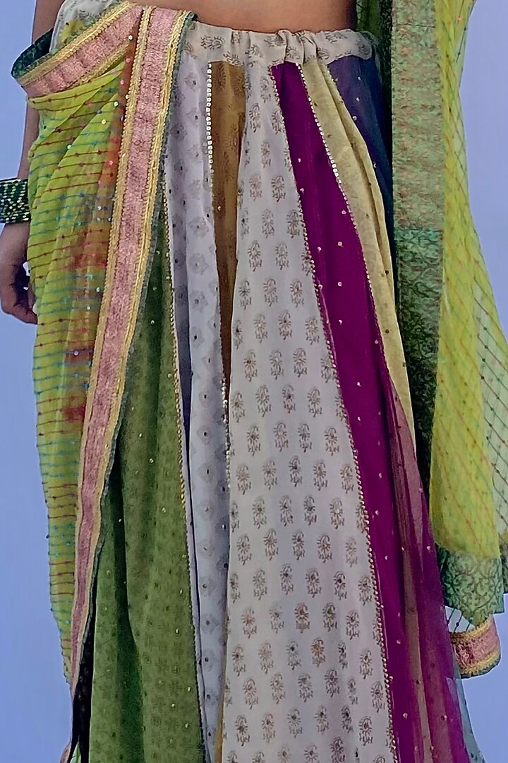 Multi-Colored Silk Georgette Hand Embroidered & Block Printed Lehenga Set by Nida Mahmood at Pernia's Pop Up Shop