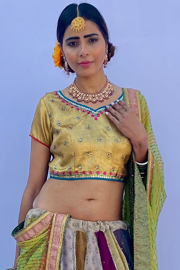 Multi-Colored Silk Georgette Hand Embroidered & Block Printed Lehenga Set by Nida Mahmood at Pernia's Pop Up Shop