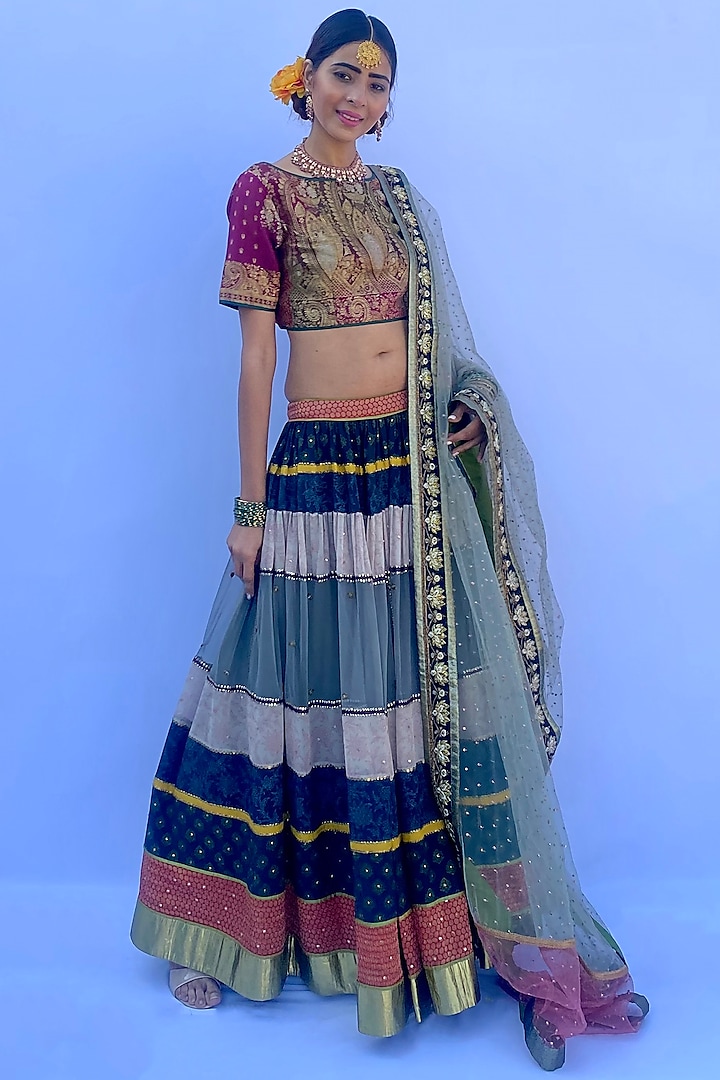 Multicolored Silk Georgette & Silk Brocade Hand Embroidered & Block Printed Lehenga Set by Nida Mahmood