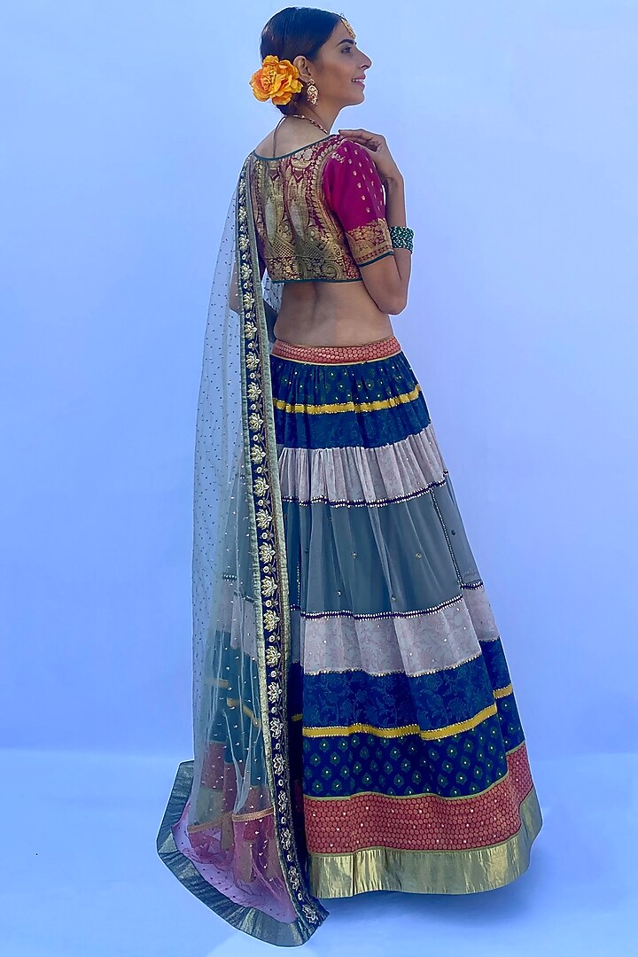 Multicolored Silk Georgette & Silk Brocade Hand Embroidered & Block Printed Wedding Lehenga Set by Nida Mahmood at Pernia's Pop Up Shop