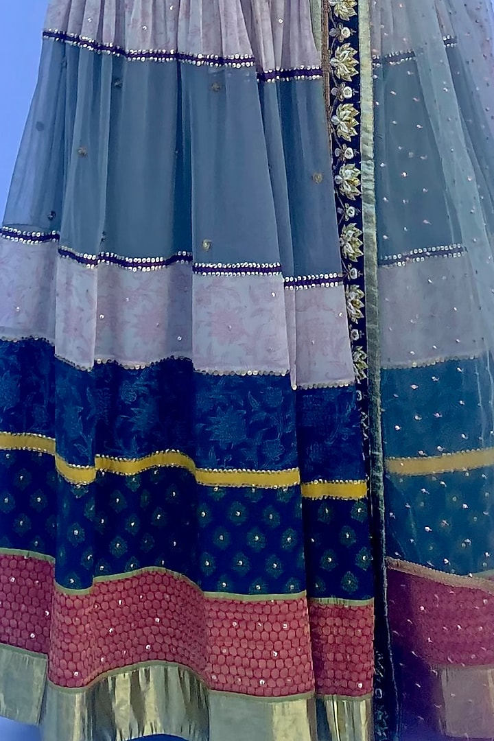 Multicolored Silk Georgette & Silk Brocade Hand Embroidered & Block Printed Wedding Lehenga Set by Nida Mahmood at Pernia's Pop Up Shop