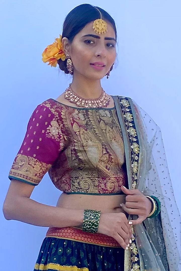 Multicolored Silk Georgette & Silk Brocade Hand Embroidered & Block Printed Wedding Lehenga Set by Nida Mahmood at Pernia's Pop Up Shop
