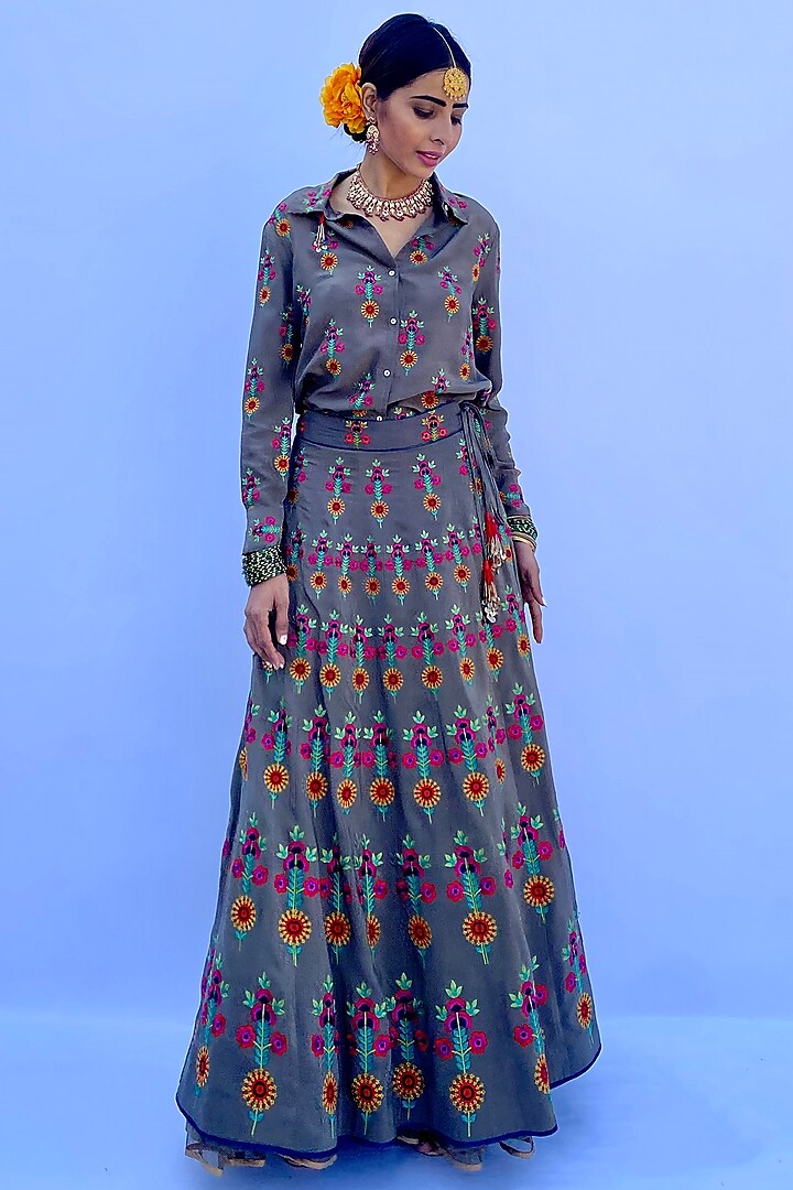 Multi-Colored Habutai Silk Embroidered Lehenga Set by Nida Mahmood