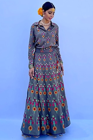 Multi-Colored Habutai Silk Embroidered Lehenga Set by Nida Mahmood