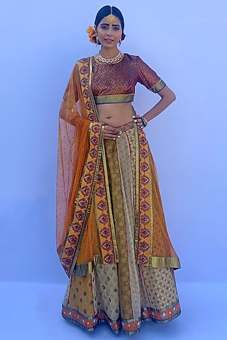 Orange Silk Georgette Printed & Embroidered Lehenga Set by Nida Mahmood
