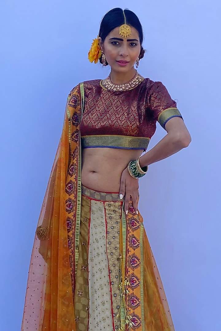 Orange Silk Georgette Printed & Embroidered Wedding Lehenga Set by Nida Mahmood at Pernia's Pop Up Shop