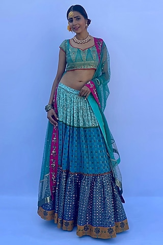 Blue Viscose Brocade Embroidered Lehenga Set by Nida Mahmood