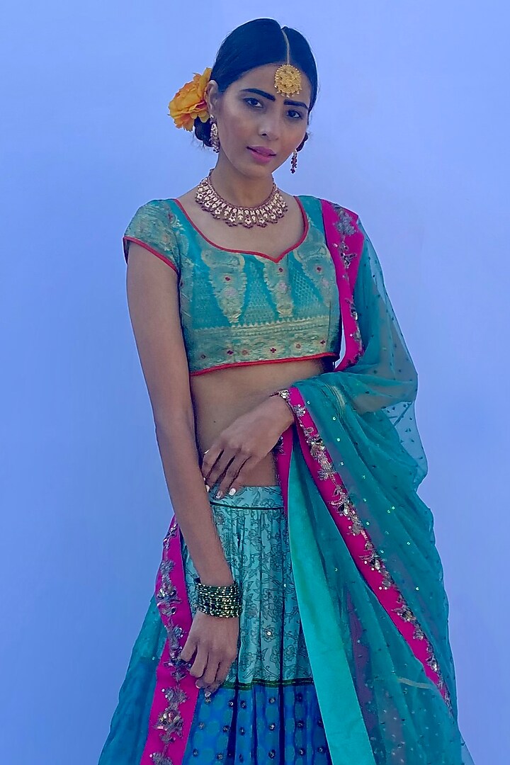Blue Viscose Brocade Embroidered Wedding Lehenga Set by Nida Mahmood at Pernia's Pop Up Shop