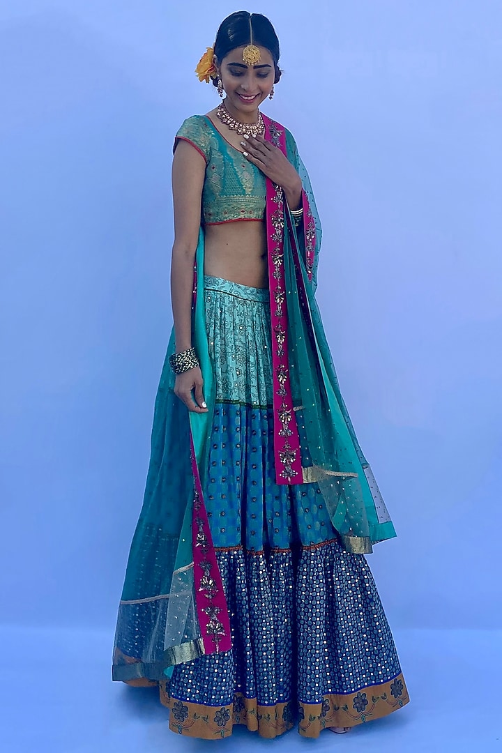 Blue Viscose Brocade Embroidered Wedding Lehenga Set by Nida Mahmood at Pernia's Pop Up Shop