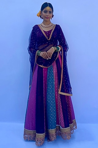 Multi-Colored Silk Crepe Georgette Printed & Embroidered Lehenga Set by Nida Mahmood