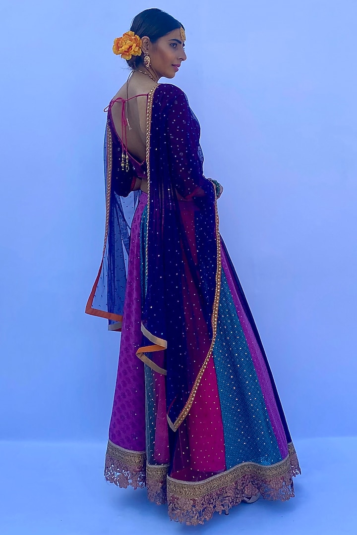 Multi-Colored Silk Crepe Georgette Printed & Embroidered Wedding Lehenga Set by Nida Mahmood at Pernia's Pop Up Shop