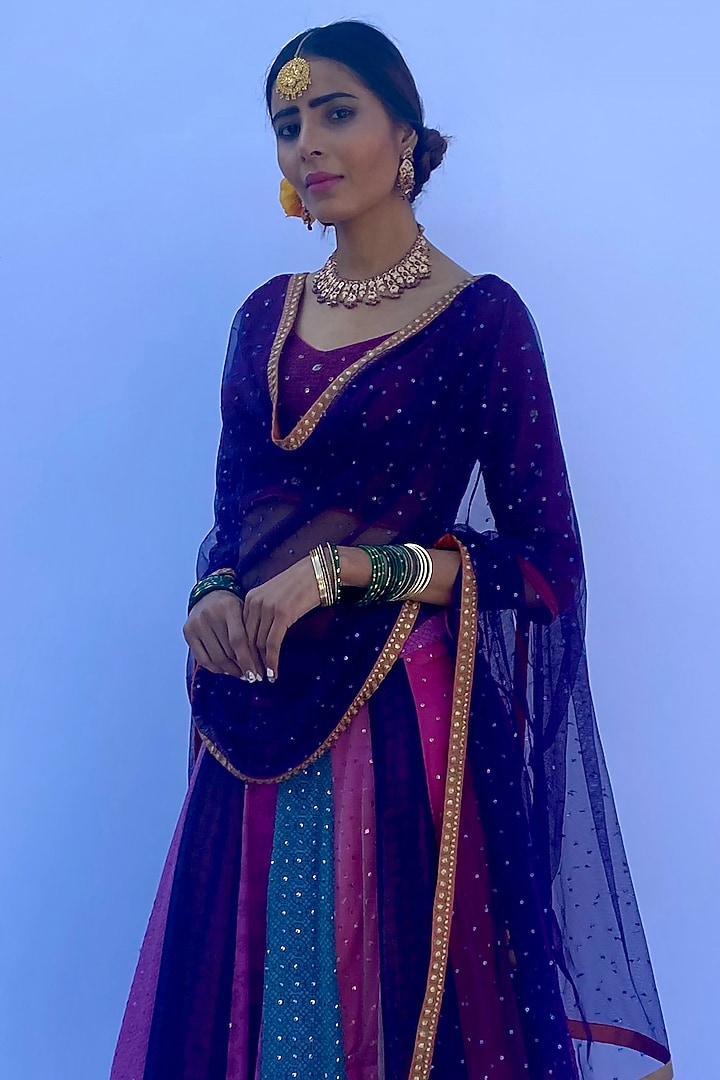 Multi-Colored Silk Crepe Georgette Printed & Embroidered Wedding Lehenga Set by Nida Mahmood at Pernia's Pop Up Shop