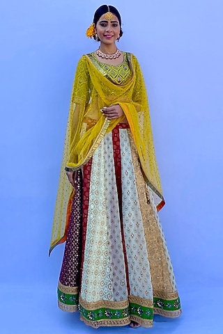 Multi-Colored Silk Crepe Georgette Printed & Embroidered Lehenga Set by Nida Mahmood