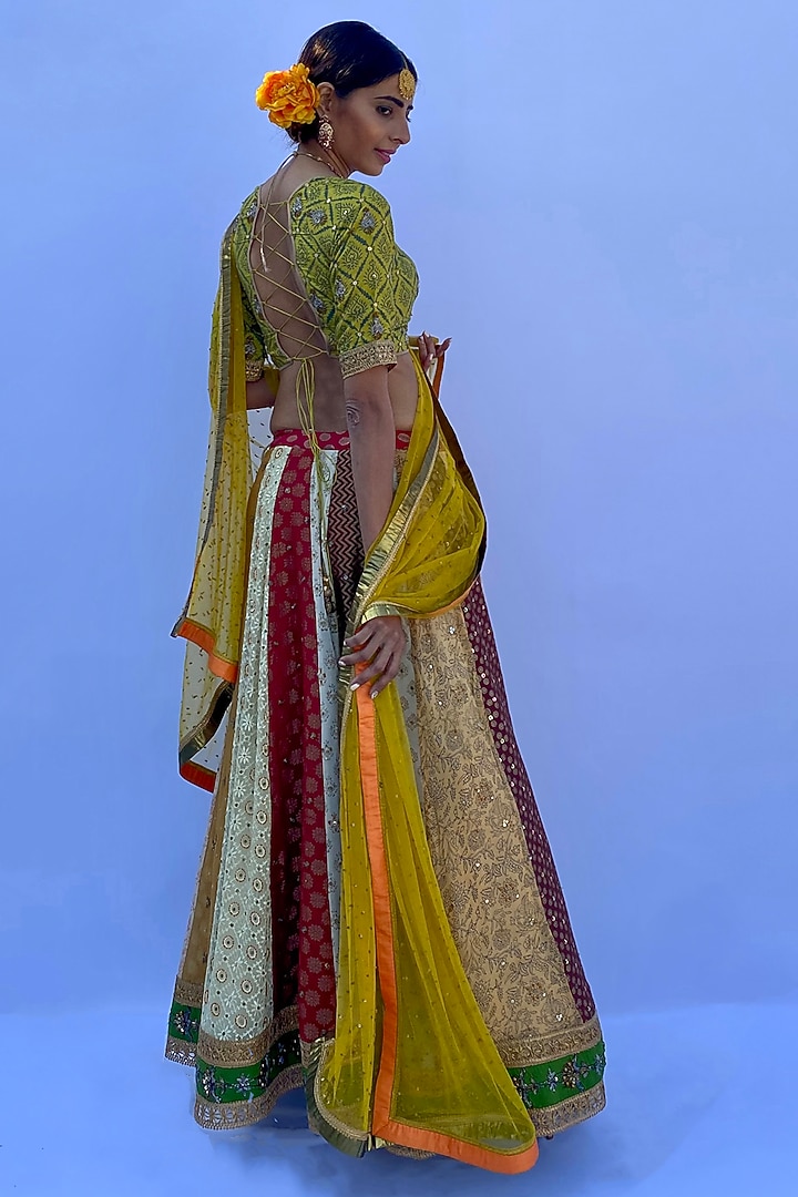 Multi-Colored Silk Crepe Georgette Printed & Embroidered Wedding Lehenga Set by Nida Mahmood at Pernia's Pop Up Shop
