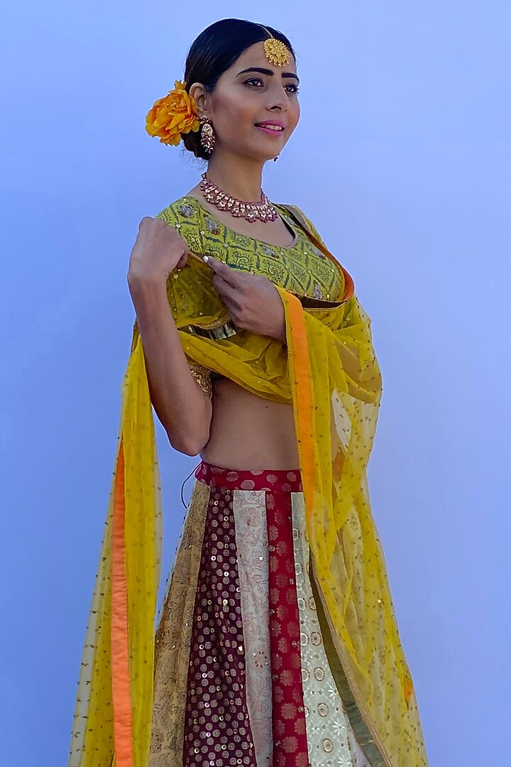 Multi-Colored Silk Crepe Georgette Printed & Embroidered Wedding Lehenga Set by Nida Mahmood at Pernia's Pop Up Shop