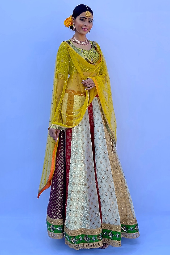 Multi-Colored Silk Crepe Georgette Printed & Embroidered Wedding Lehenga Set by Nida Mahmood at Pernia's Pop Up Shop