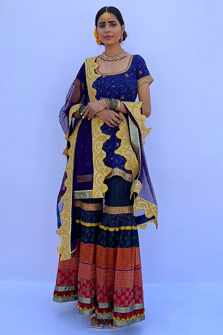 Multi-Colored Silk Georgette & Silk Brocade Printed Sharara Set by Nida Mahmood