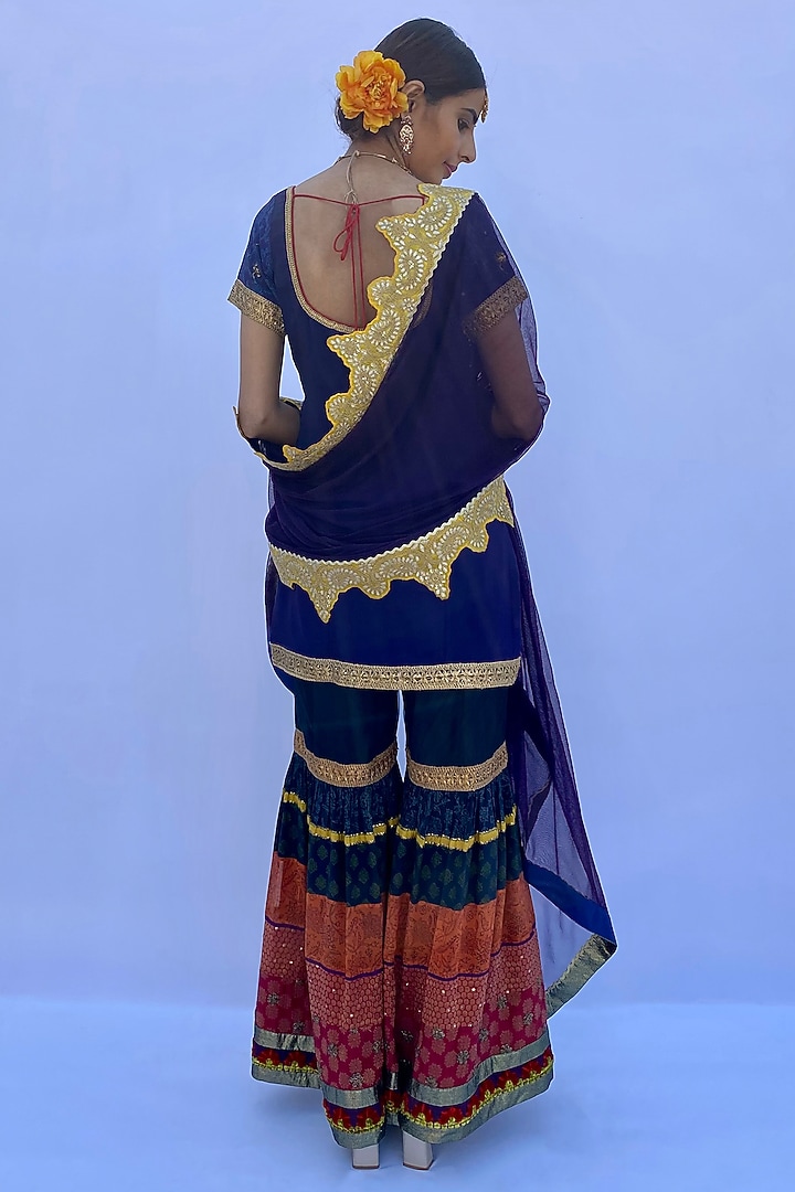 Multi-Colored Silk Georgette & Silk Brocade Printed Wedding Sharara Set by Nida Mahmood at Pernia's Pop Up Shop