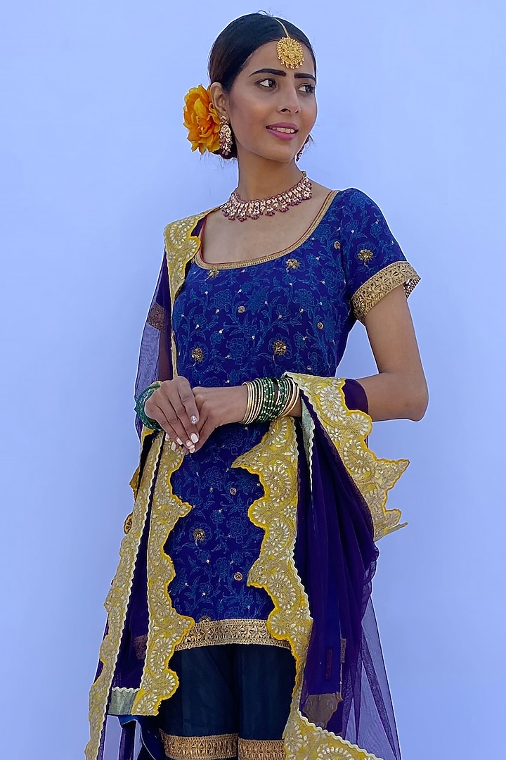 Multi-Colored Silk Georgette & Silk Brocade Printed Wedding Sharara Set by Nida Mahmood at Pernia's Pop Up Shop