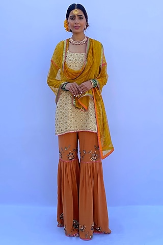 Rust Crepe Embroidered Sharara Set by Nida Mahmood