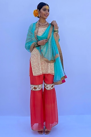 Peach Pink Net Sharara Set by Nida Mahmood