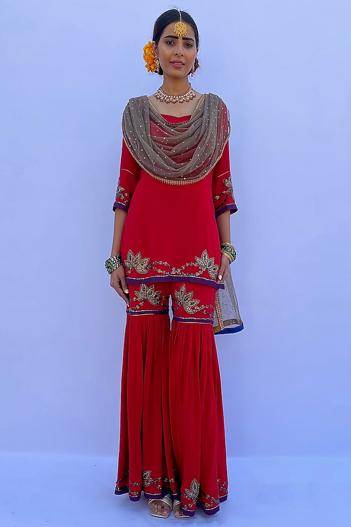 Red Silk Crepe Sharara Set by Nida Mahmood