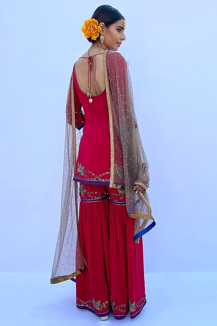 Red Silk Crepe Wedding Sharara Set by Nida Mahmood at Pernia's Pop Up Shop