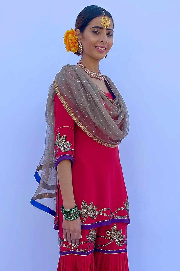 Red Silk Crepe Wedding Sharara Set by Nida Mahmood at Pernia's Pop Up Shop