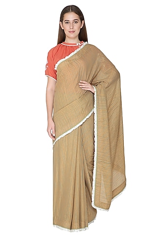 Beige Printed & Embroidered Saree Set by Nida Mahmood
