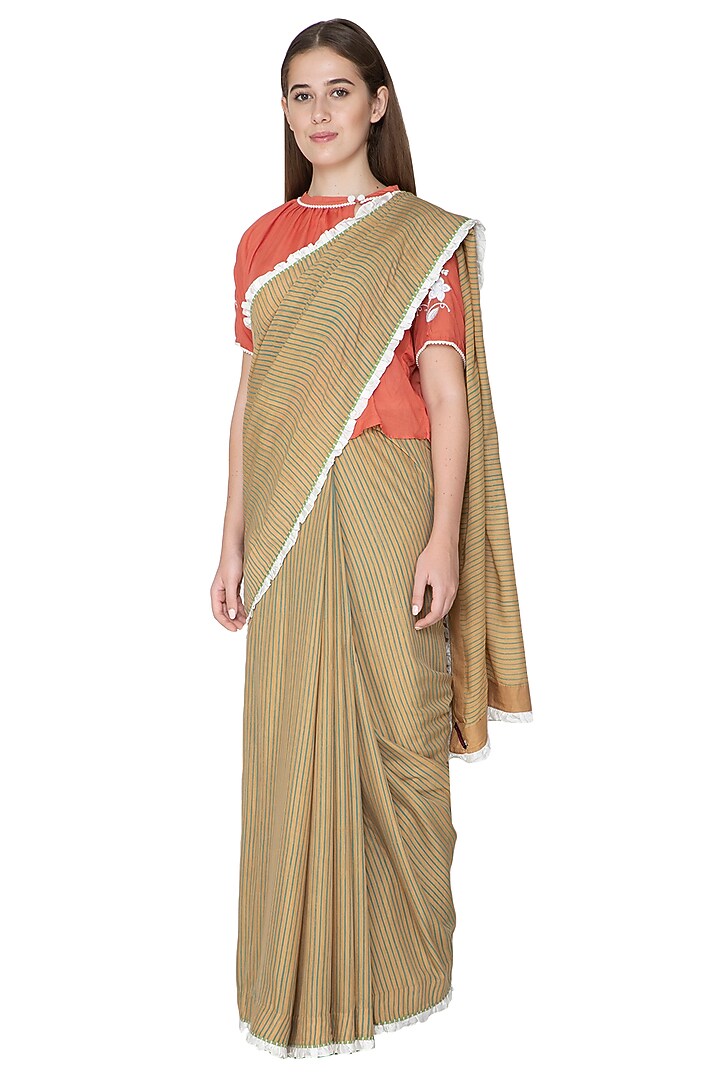Beige Printed & Embroidered Wedding Saree Set by Nida Mahmood at Pernia's Pop Up Shop
