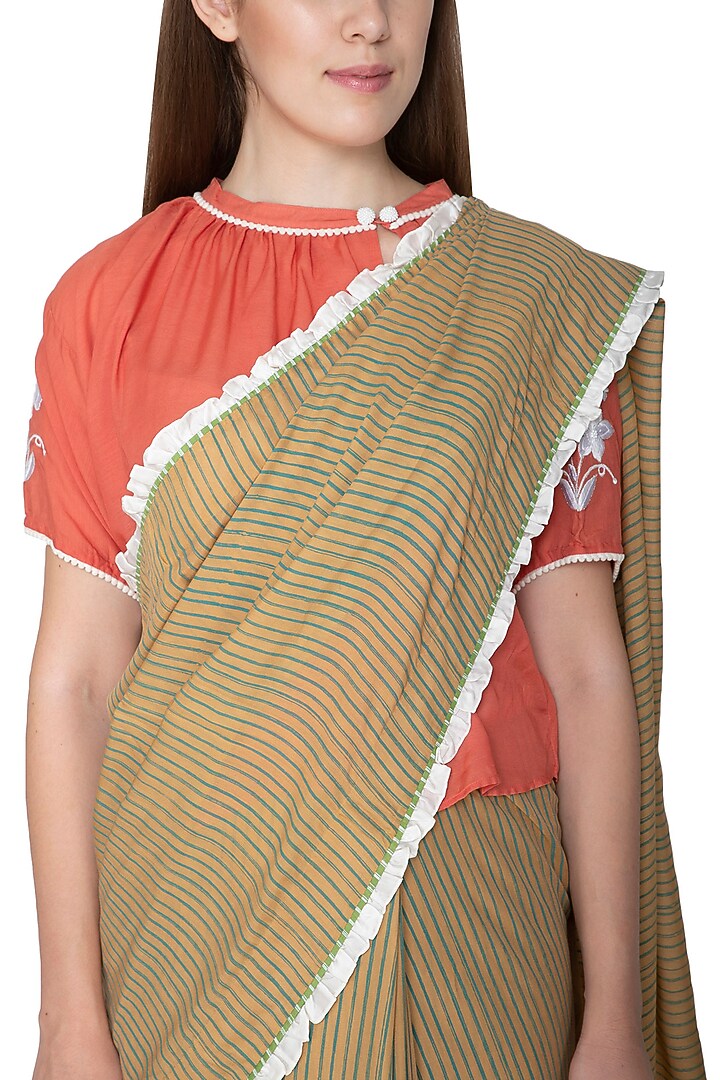 Beige Printed & Embroidered Wedding Saree Set by Nida Mahmood at Pernia's Pop Up Shop