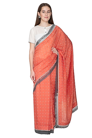 Peach Printed & Embroidered Saree Set by Nida Mahmood