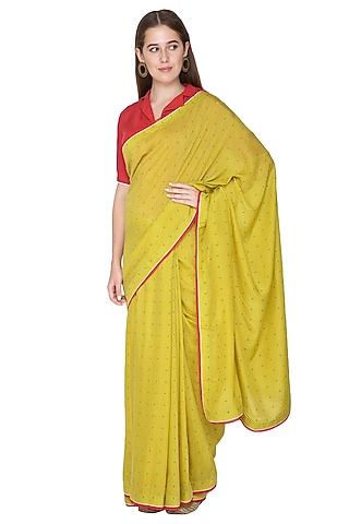 Lime Yellow Printed & Embroidered Saree Set by Nida Mahmood