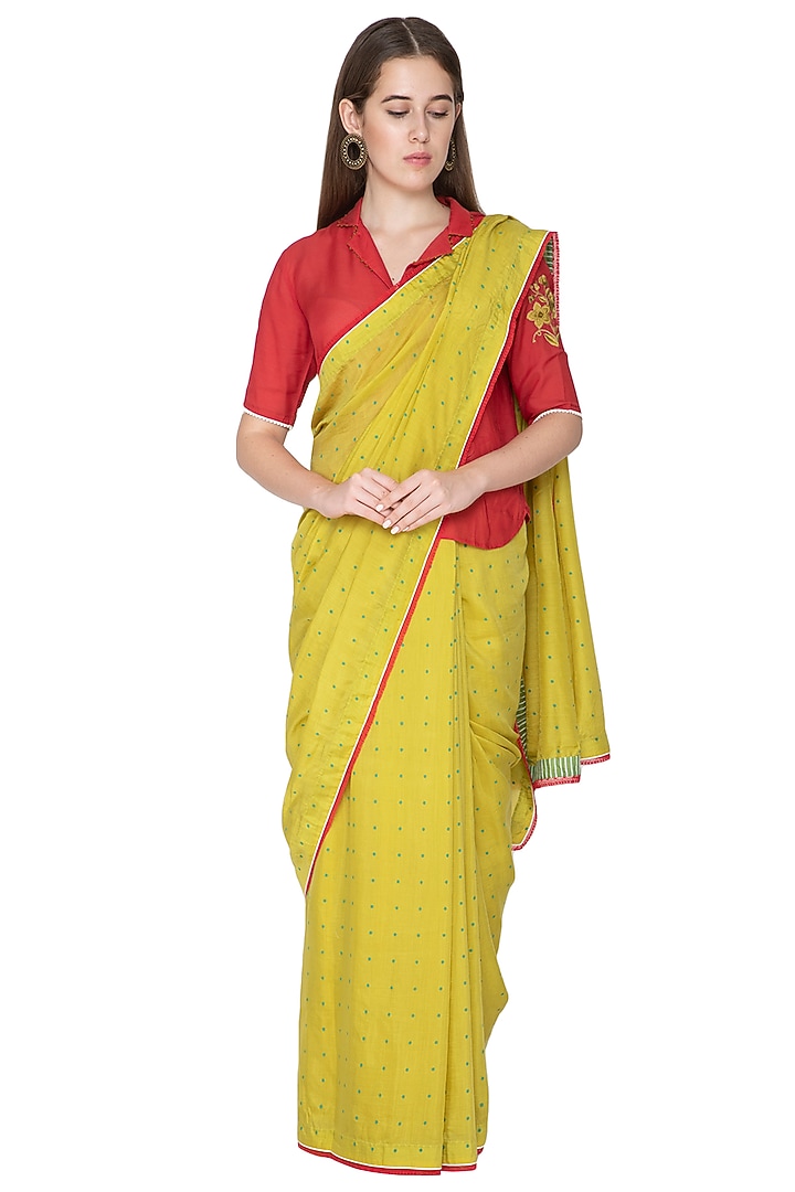 Lime Yellow Printed & Embroidered Wedding Saree Set by Nida Mahmood at Pernia's Pop Up Shop