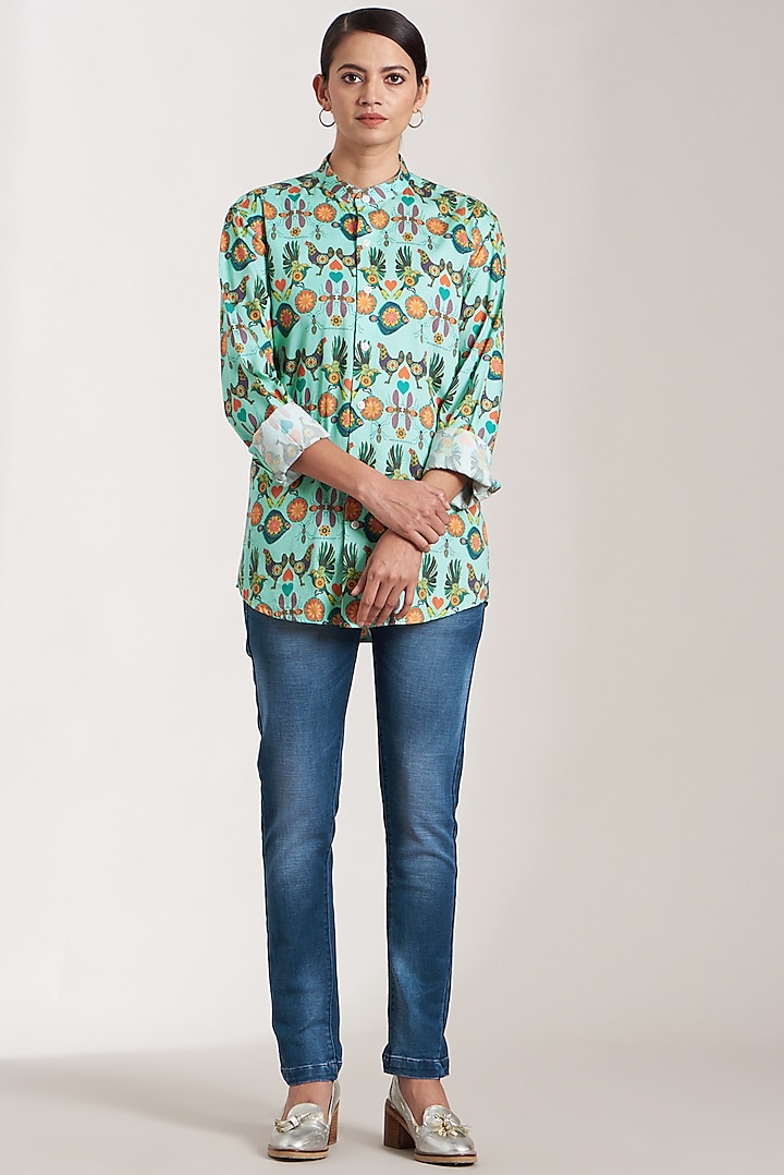 Turquoise Printed Shirt by Nida Mahmood