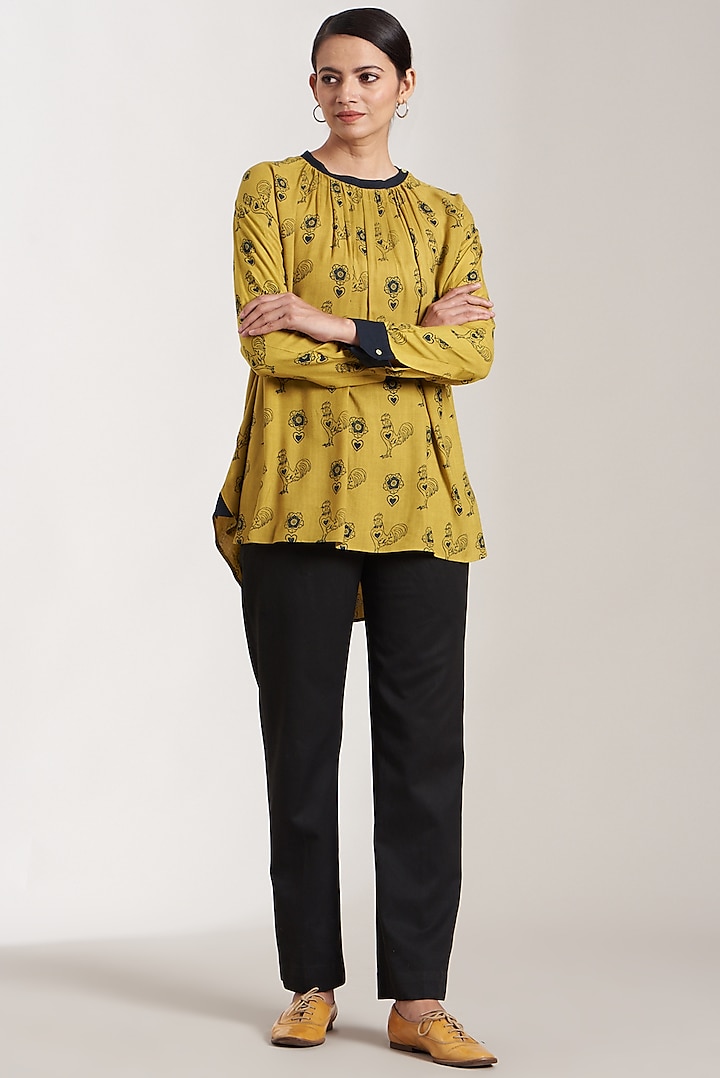 Burnt Yellow Printed Long Shirt by Nida Mahmood