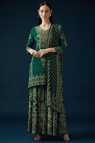 Teal Bemberg Crepe Embroidered & Printed Kurta Set by NIRRAAMYAA