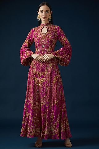 Fuchsia Bemberg Crepe Embroidered & Printed Gown by NIRRAAMYAA
