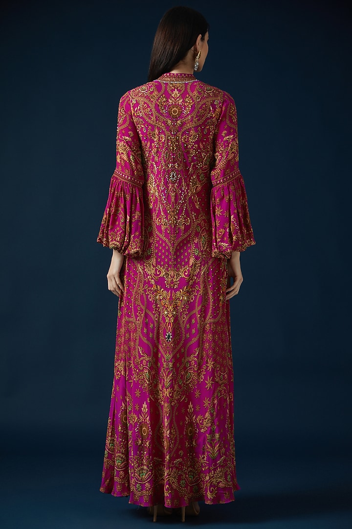 Fuchsia Bemberg Crepe Embroidered & Printed Party Wear Gown by NIRRAAMYAA at Pernia's Pop Up Shop