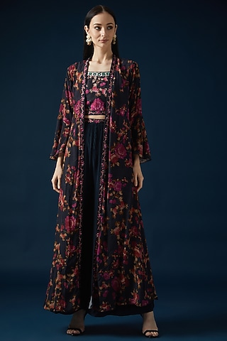 Black Bemberg Crepe Embroidered & Printed Jacket Set by NIRRAAMYAA