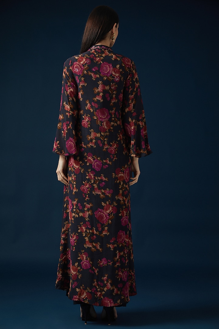 Black Bemberg Crepe Embroidered & Printed Jacket Set by NIRRAAMYAA at Pernia's Pop Up Shop