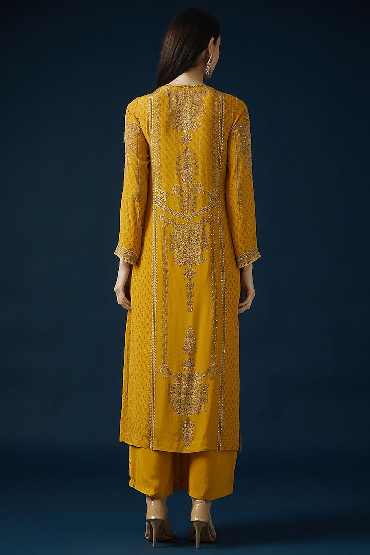 Yellow Bemberg Crepe Embroidered & Printed Kurta Set by NIRRAAMYAA at Pernia's Pop Up Shop