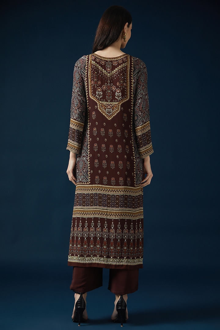 Brown Bemberg Crepe Embroidered & Printed Kurta Set by NIRRAAMYAA at Pernia's Pop Up Shop