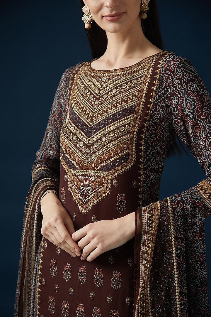 Brown Bemberg Crepe Embroidered & Printed Kurta Set by NIRRAAMYAA at Pernia's Pop Up Shop