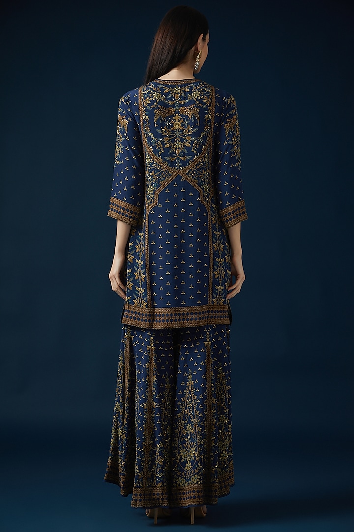 Blue Bemberg Crepe Embroidered & Printed Kurta Set by NIRRAAMYAA at Pernia's Pop Up Shop