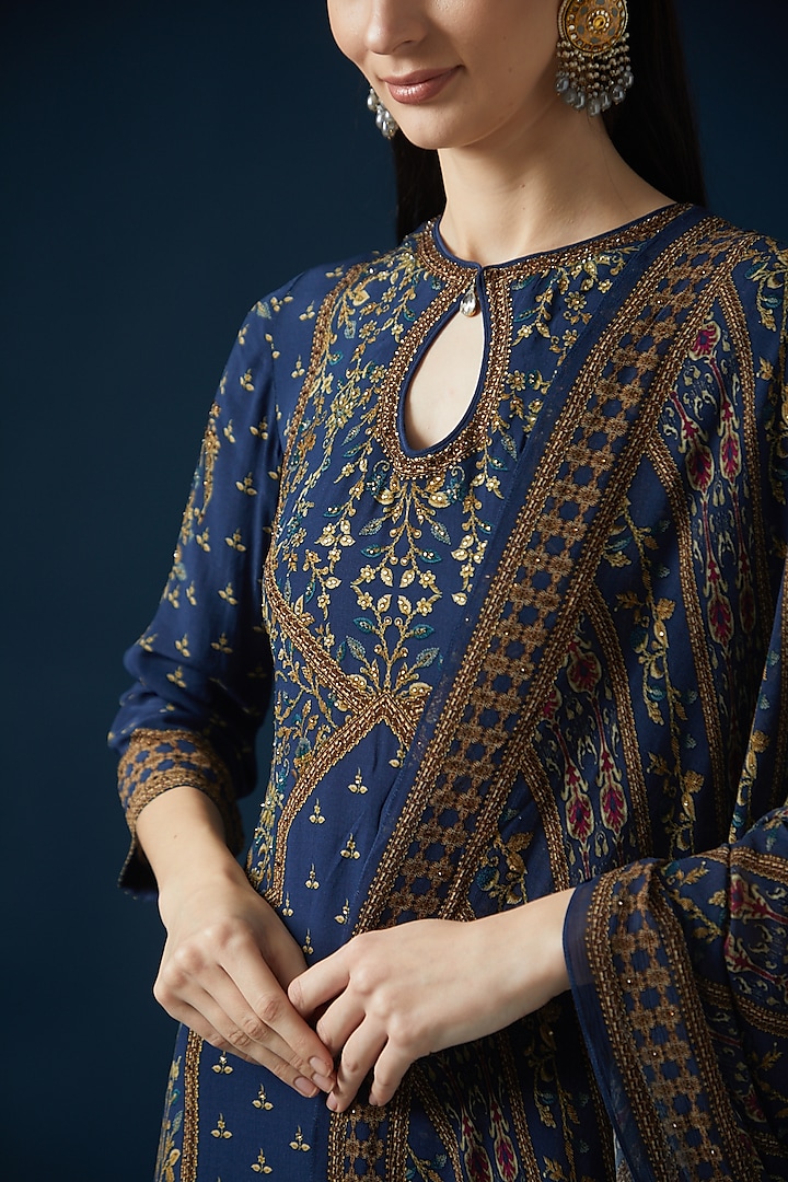 Blue Bemberg Crepe Embroidered & Printed Kurta Set by NIRRAAMYAA at Pernia's Pop Up Shop