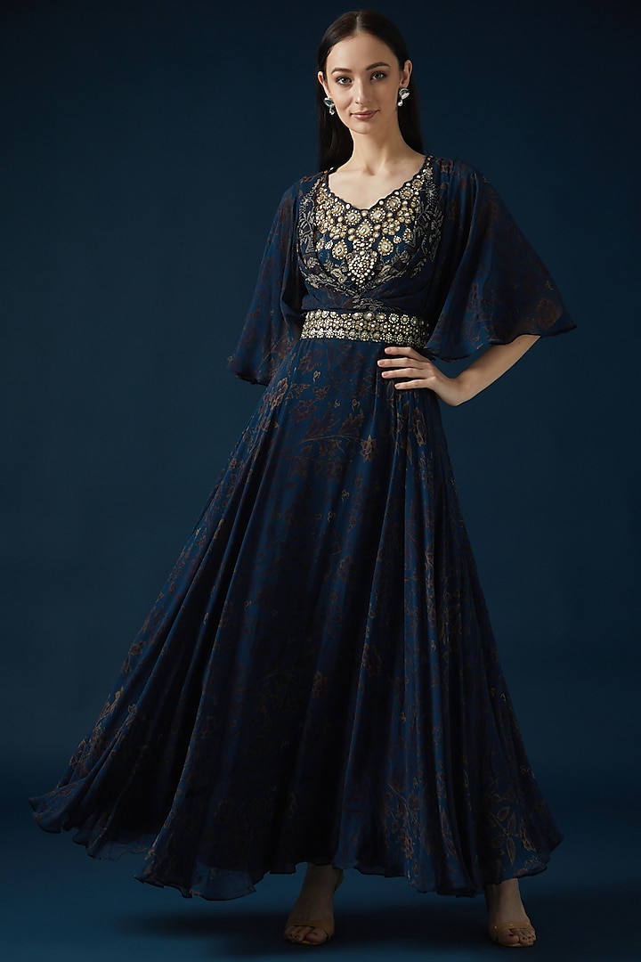 Blue Bemberg Crepe Embroidered & Printed Kaftan Dress by NIRRAAMYAA